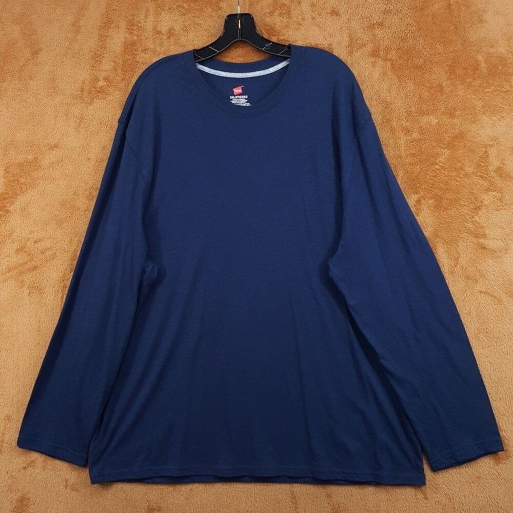 HANES Shirt Mens XXL Navy Blue Pullover Crew Long Sleeve T-Shirt Tee